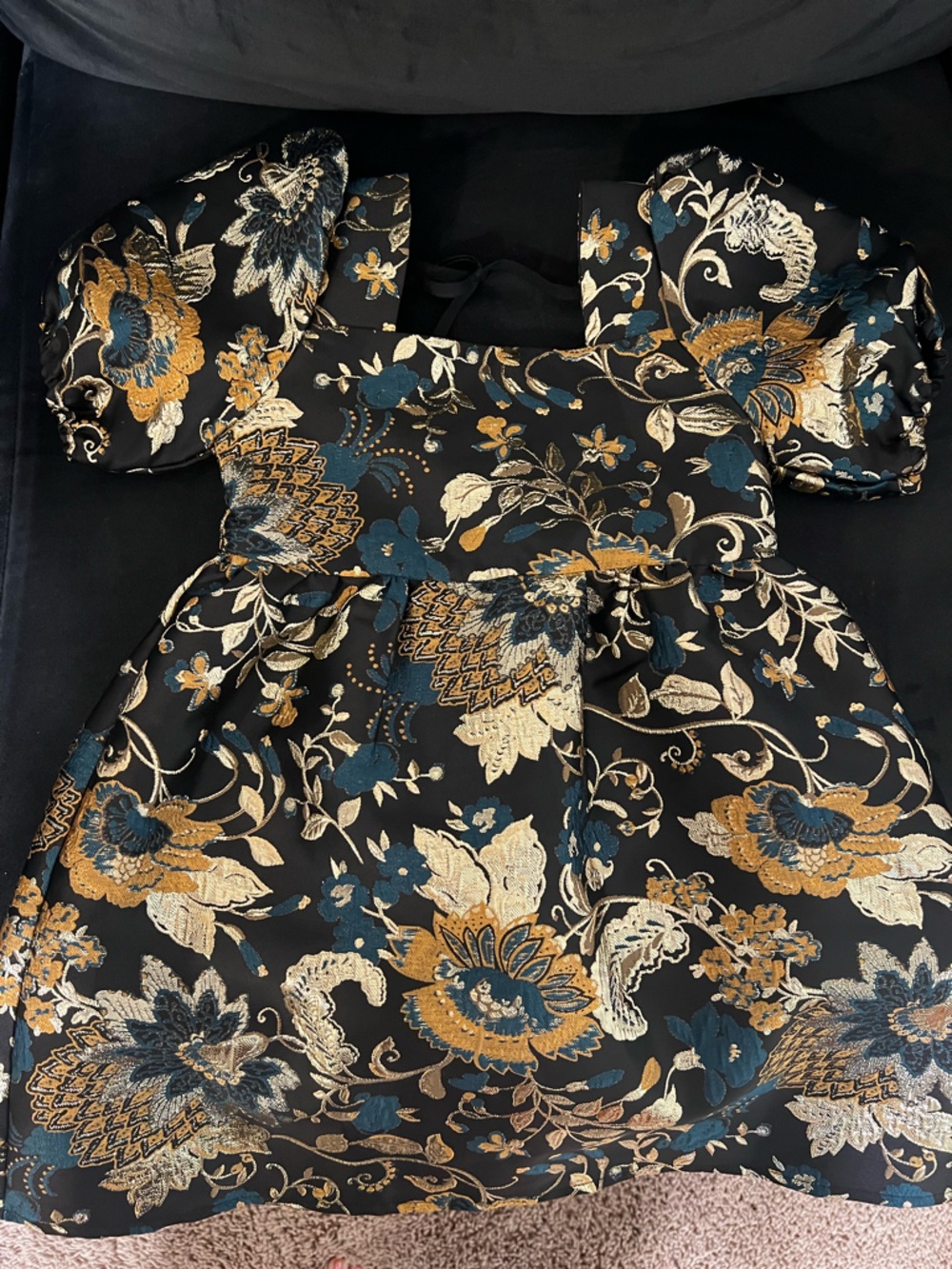 Gianni Bini Black Floral Brocade Kids Formal Dress with Gold and Teal Accents